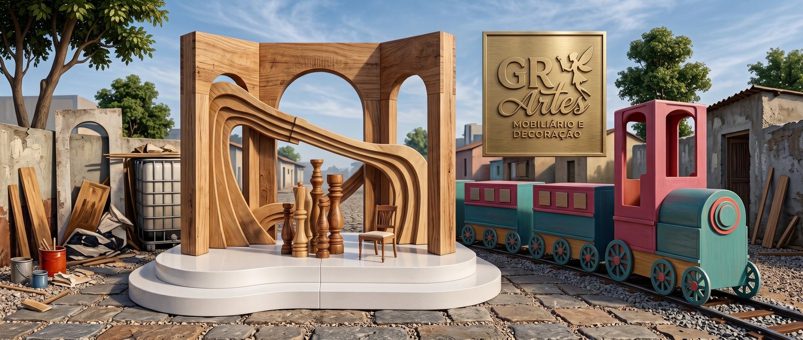Ilustração estilizada criada com inteligência artificial, reunindo peças reais de Gonçalo Quingila — um arco em madeira, uma base em plataforma curva e um comboio decorativo — com o logótipo GR Artes.